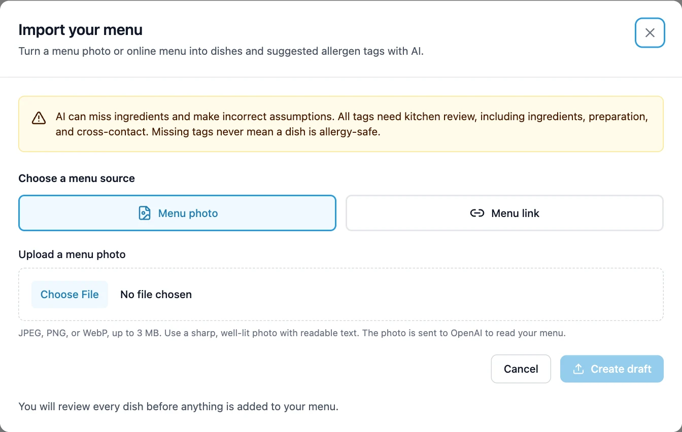 MyMealMenus AI import preview with Menu photo and Menu link options, a photo upload, and a Create draft button
